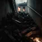 Young teenager lying unconscious at top of stairs with smoldering wood and debris surrounding them.