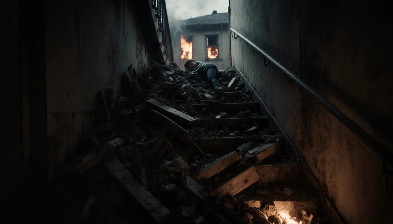 Young teenager lying unconscious at top of stairs with smoldering wood and debris surrounding them.