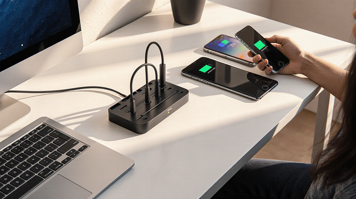 Desk organized around sleek Baseus charging station with laptops and phones charging in natural light.
