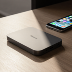 Baseus Qi2 Magnetic Charger charging an iPhone with warm natural light on a minimalist wooden desk