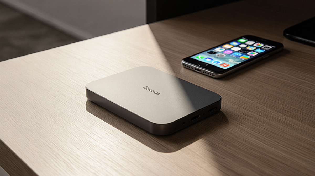Baseus Qi2 Magnetic Charger charging an iPhone with warm natural light on a minimalist wooden desk