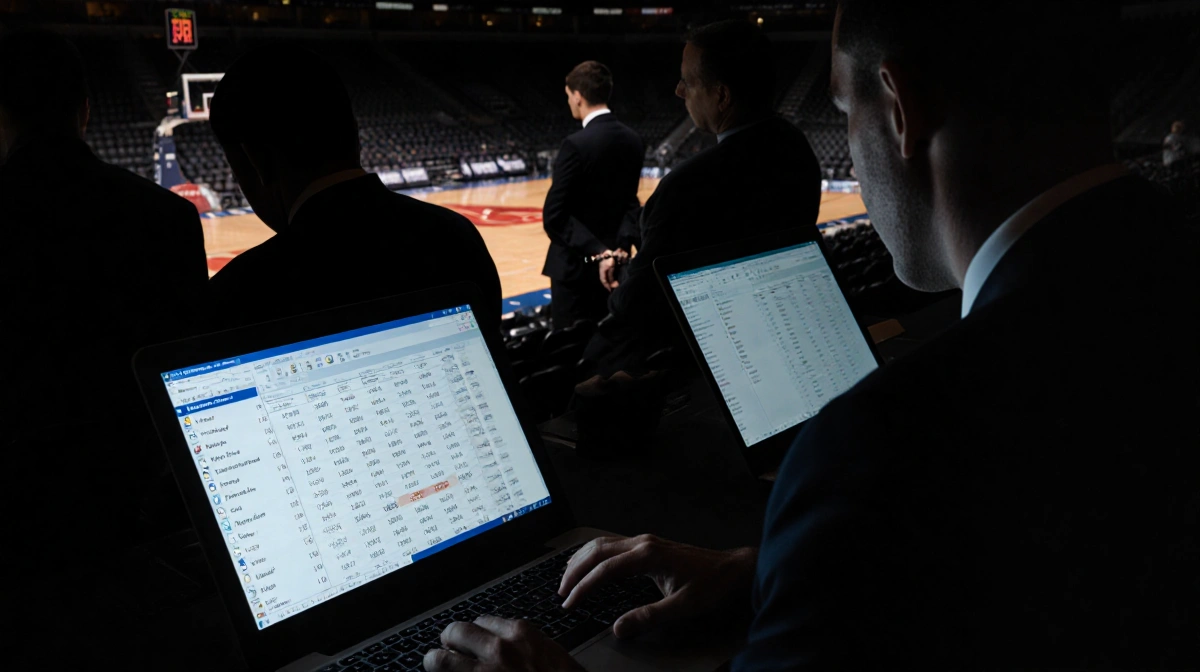 Handcuffed defendant sits under spotlight with detectives reviewing financial records on laptops and basketball court in back