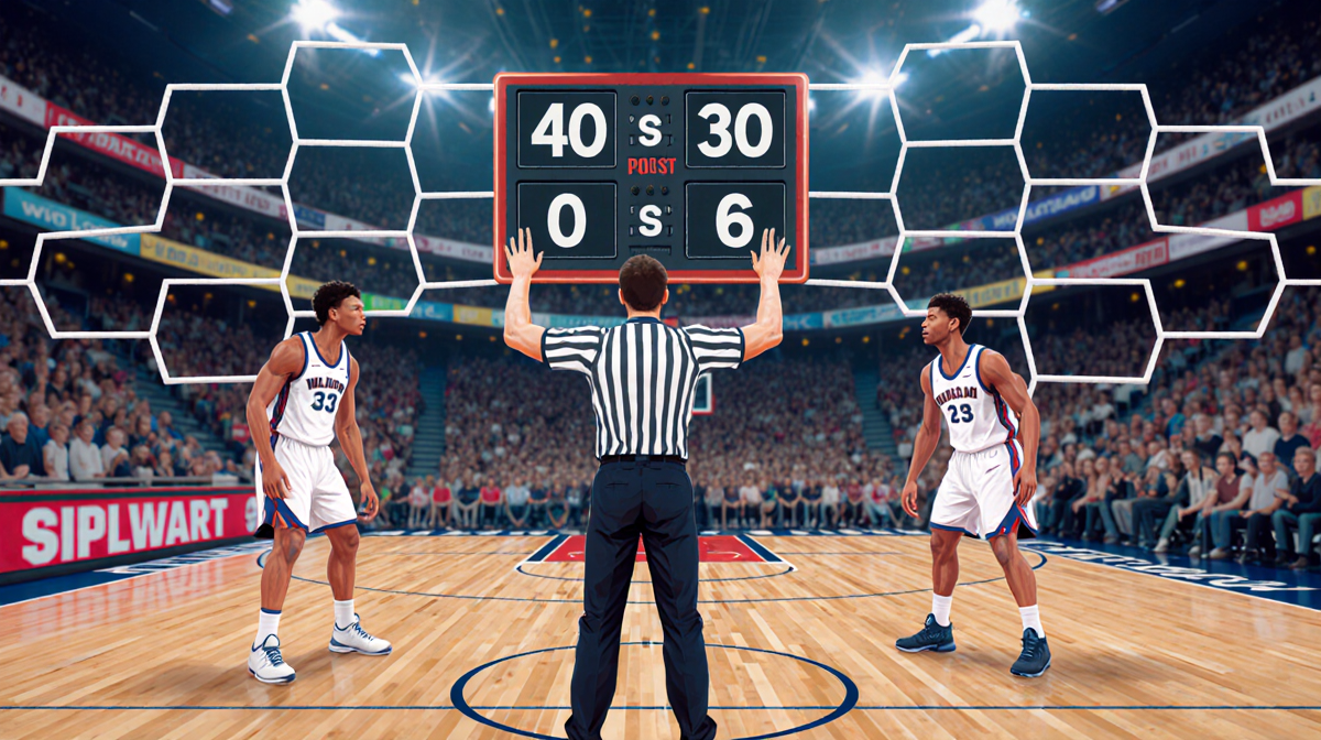 Referee holding up scoreboard with 40 points indicating leading team in tournament bracket.