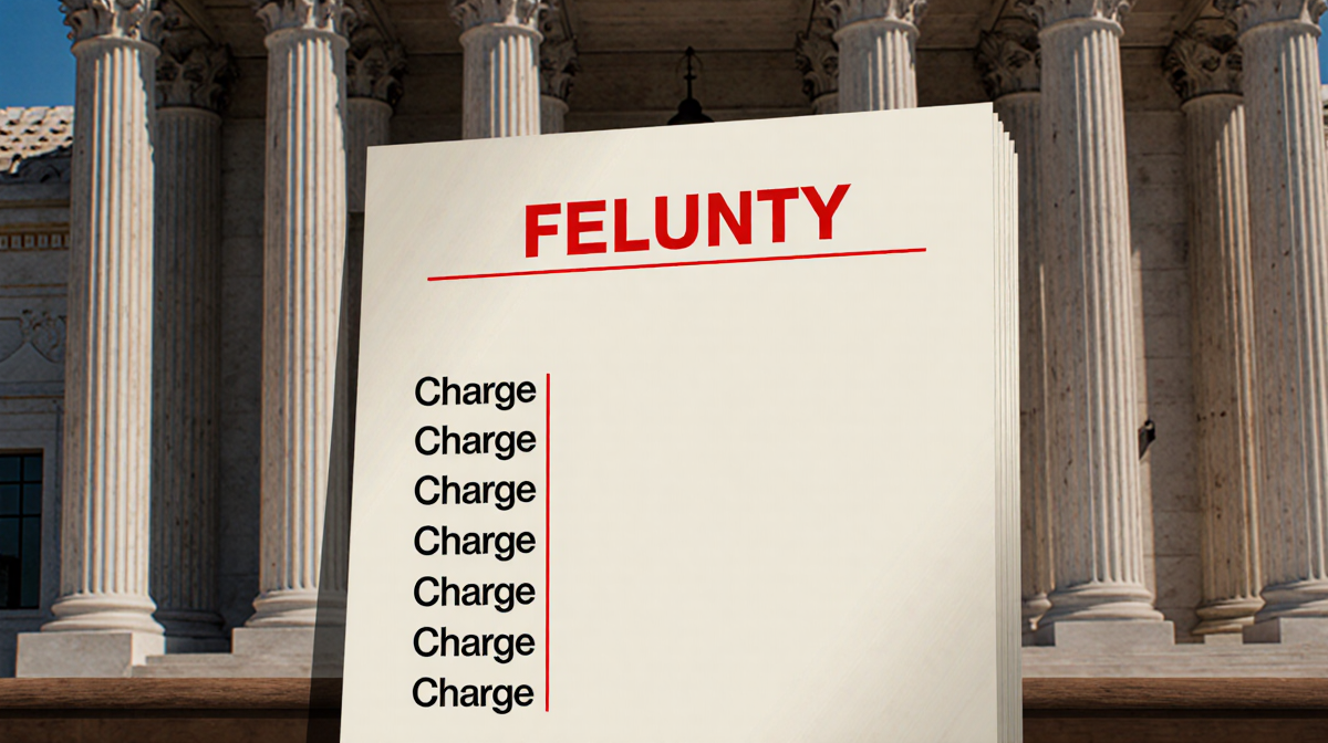 Document shows felony counts with bold red label and italic charges set against blurred courtroom background and shadows.
