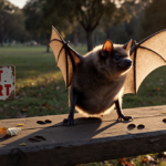 Bat perched on wooden bench at dusk with golden glow and red Bat Alert sign