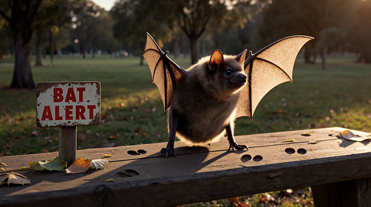 Bat perched on wooden bench at dusk with golden glow and red Bat Alert sign