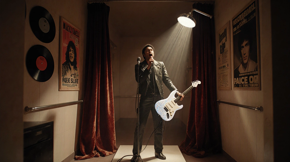 Singer EJAE performing at microphone with showerhead guitar and concert posters on bathroom walls