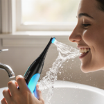 Person using MySmile Cordless Water Flosser with blue light splash in bright white bathroom sink