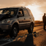Battered Honda Pilot lying on rural road at dusk with crumpled windshield and shattered glass and silhouette figure.