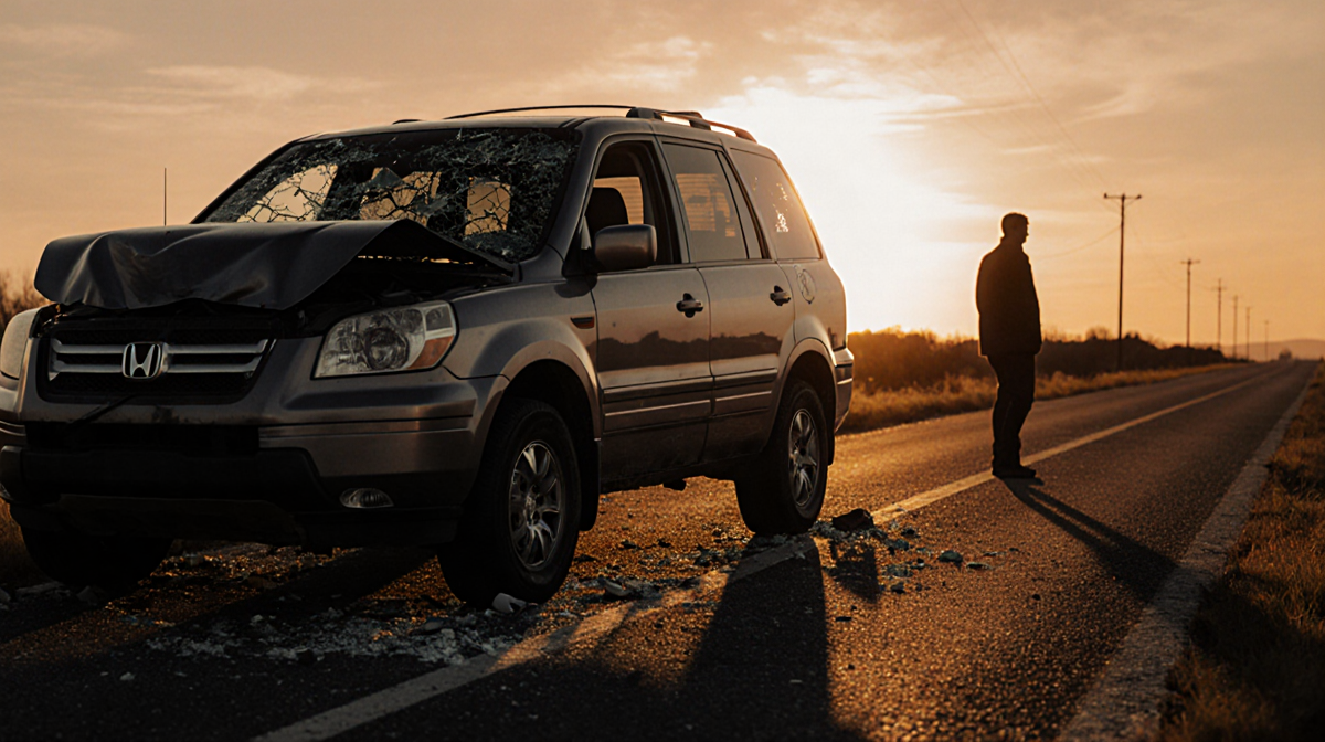 Battered Honda Pilot lying on rural road at dusk with crumpled windshield and shattered glass and silhouette figure.