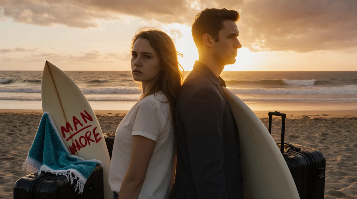 Couple standing back to back at beach sunset with surfboards and suitcase showing emotional breakup scene