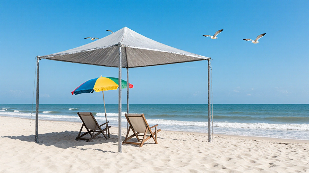 Modern gray beach canopy provides shade with chairs and umbrella on peaceful shoreline with seagulls overhead