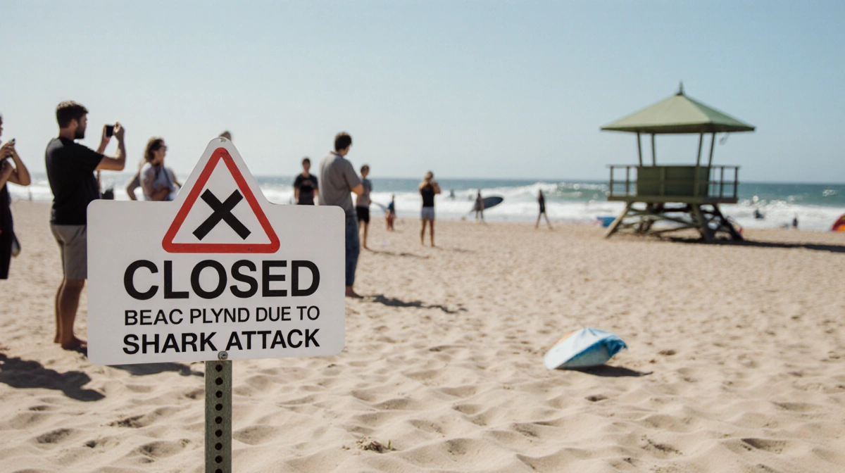 Closed beach warning sign stands on empty sand with concerned onlookers and distant surfers at Point Plomer Beach