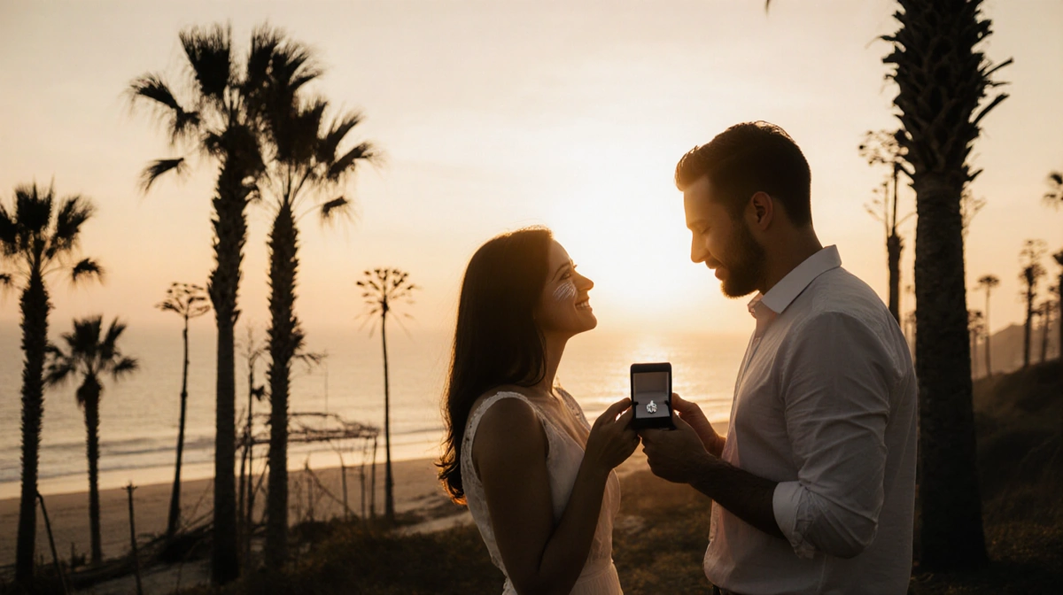 Groom proposing with diamond ring box as bride-to-be cries tears of joy near rebuilt palm trees with sunset beach and wildfir