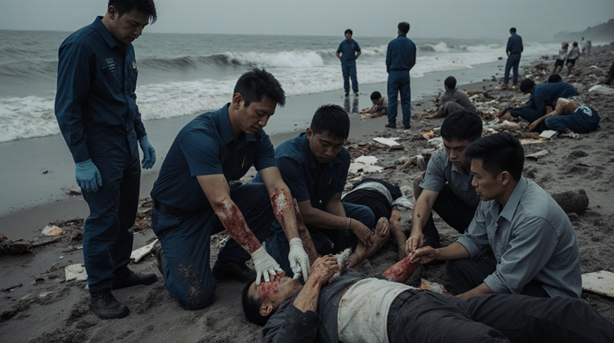 Medical team treating injured beachgoers with lacerations while debris from the meteotsunami scatters across the shoreline