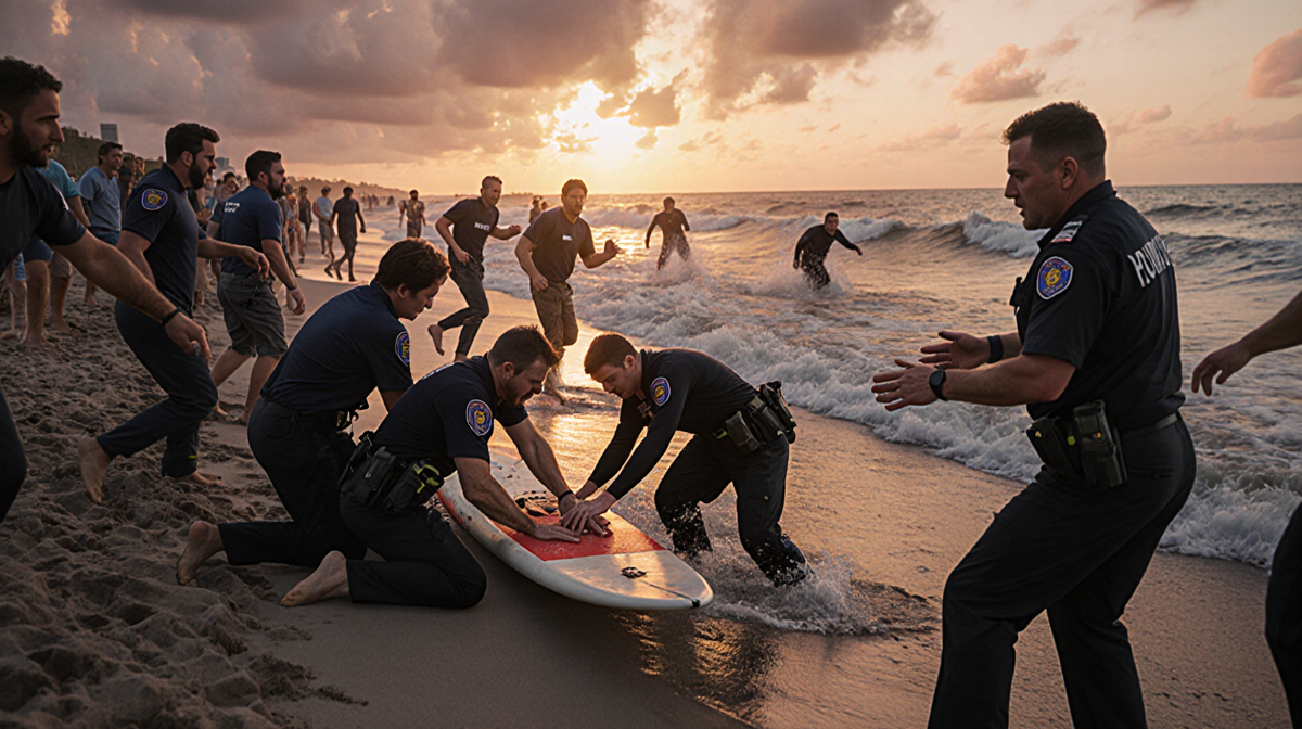Medical staff treating an injured surfer with sunset beach chaos and bystanders pulling de Ruyter from water