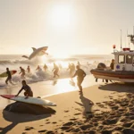 Emergency responders rushing to rescue boat with distressed surfer clinging to rock and shark breaching ocean surface