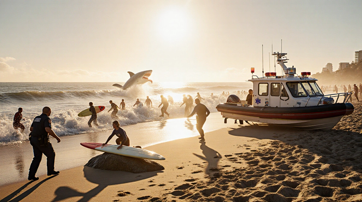 Emergency responders rushing to rescue boat with distressed surfer clinging to rock and shark breaching ocean surface