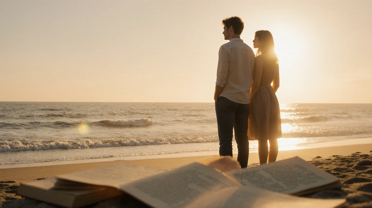 Alex and Poppy stand together on a sunset beach with ocean waves at their feet and book pages scattered in the sand