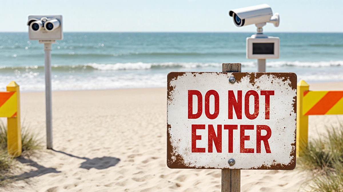 Weathered beach warning sign with red Do Not Enter text and surveillance cameras monitoring the closed area