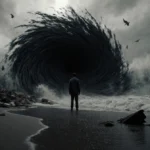 Massive black whirlpool sweeps across beach with lone figure standing frozen in shock as waves crash behind