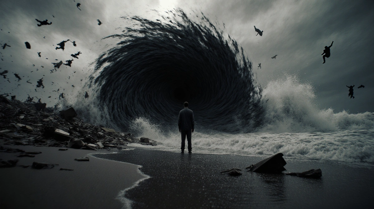 Massive black whirlpool sweeps across beach with lone figure standing frozen in shock as waves crash behind