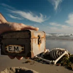 Weathered hand lifts a tide-worn wooden box with faded initials and a rusty lock near sunlit human remains