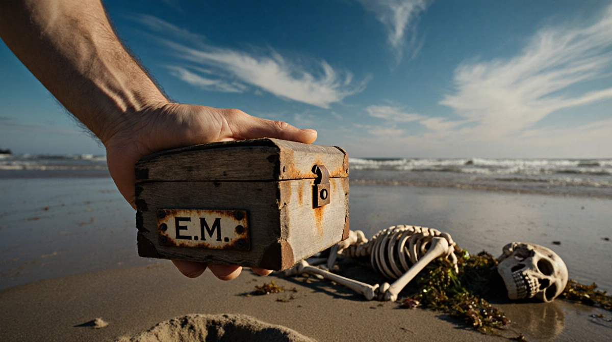 Weathered hand lifts a tide-worn wooden box with faded initials and a rusty lock near sunlit human remains