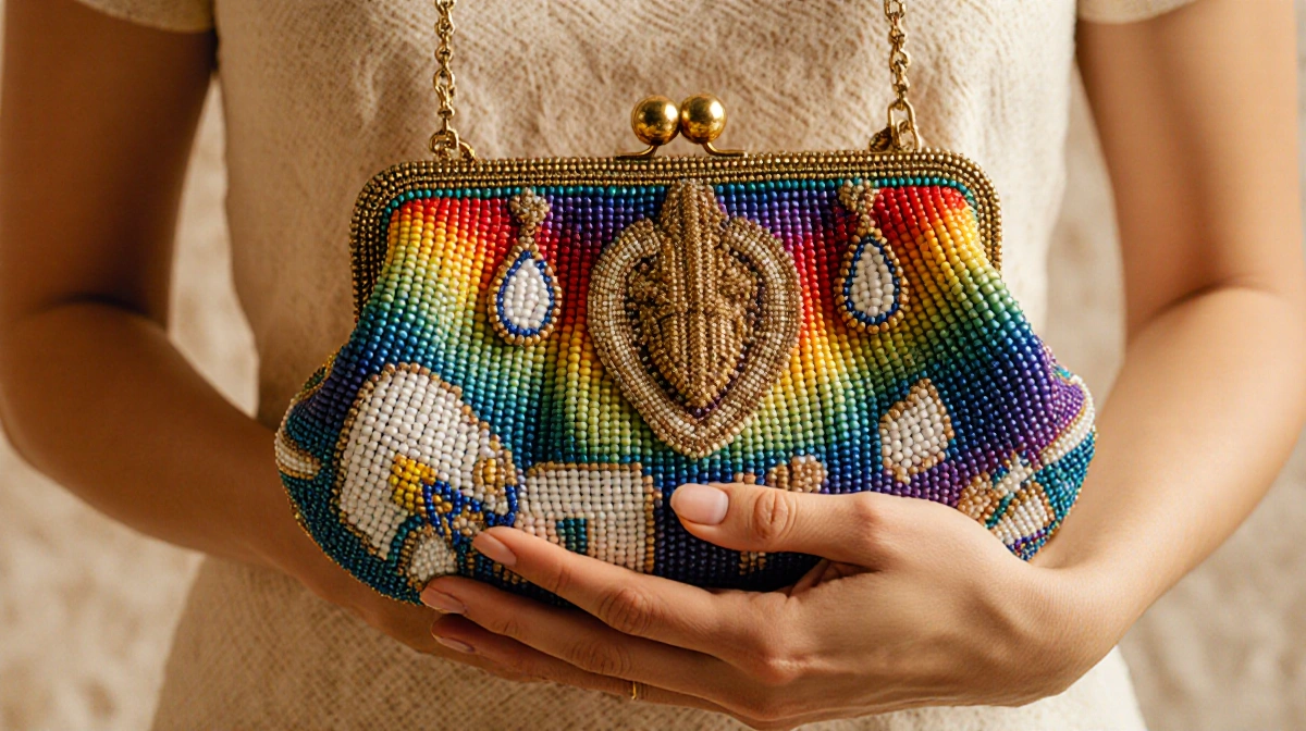 Woman holding handcrafted beaded purse with colorful gradient beads and unique clasp showing intricate stitching