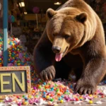 Furry bear rummaging through colorful candies and lollipops with torn notes and scattered wrappers on the floor