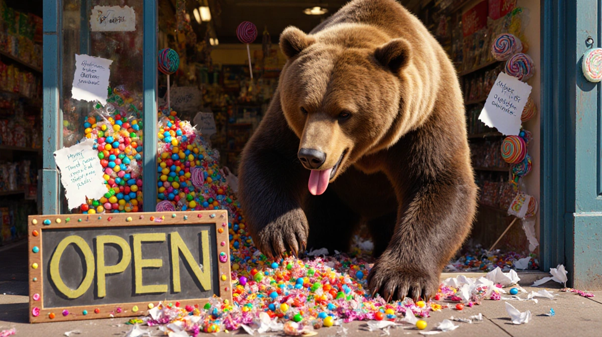 Furry bear rummaging through colorful candies and lollipops with torn notes and scattered wrappers on the floor