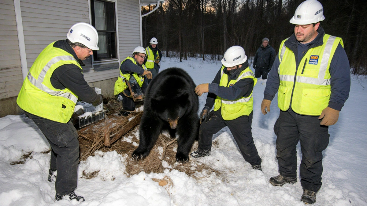 BEAR League team lifting bear from crawl space with yellow vests and homeowner watching