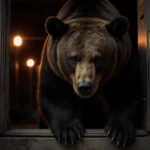 Massive bear peeking under wooden door with sunset glow reflecting on its dirty fur