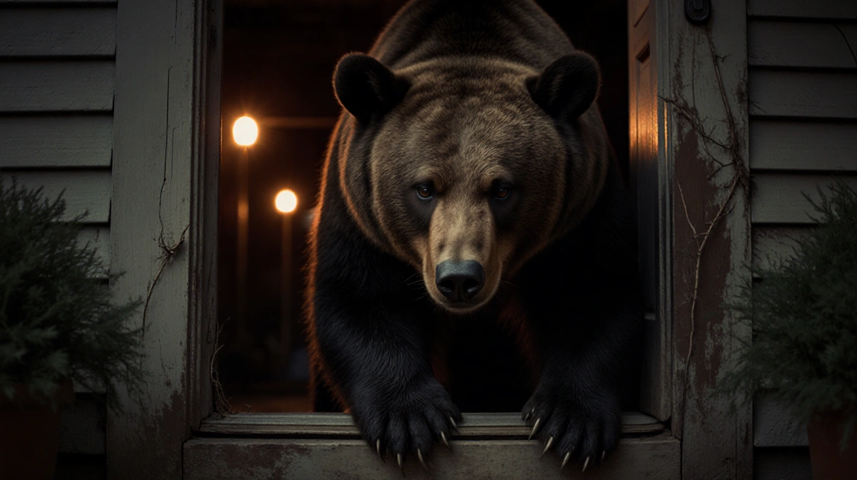 Massive bear peeking under wooden door with sunset glow reflecting on its dirty fur