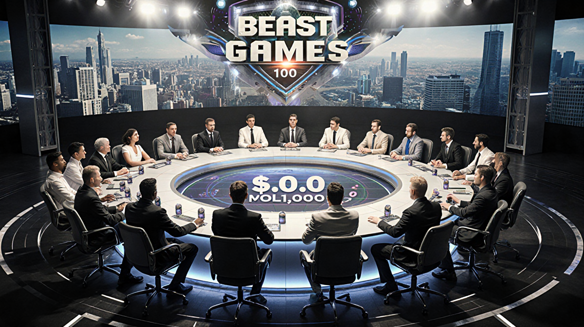 Contestants gather around futuristic table with 100 experts and 5M prize pool in center during competition.