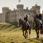 Princess Beatrice and daughter Sienna riding horses with Prince Andrew leading near Windsor Castle under warm golden light
