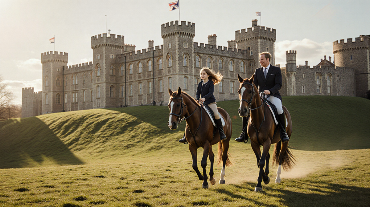 Princess Beatrice and daughter Sienna riding horses with Prince Andrew leading near Windsor Castle under warm golden light