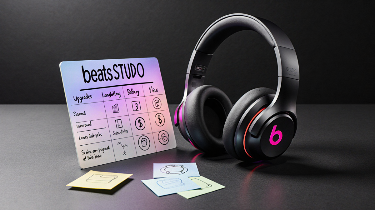 Beats Studio Pro headphones resting on minimalist desk with metallic accents and gradient background showing upgrade audio ic