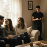 Ashton Kutcher and Mila Kunis cuddling on couch with Rebecca Hall and Morgan Spector chatting nearby in cozy living room