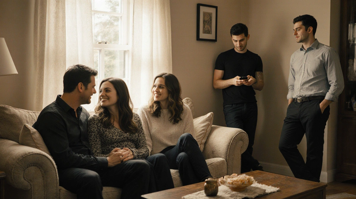 Ashton Kutcher and Mila Kunis cuddling on couch with Rebecca Hall and Morgan Spector chatting nearby in cozy living room