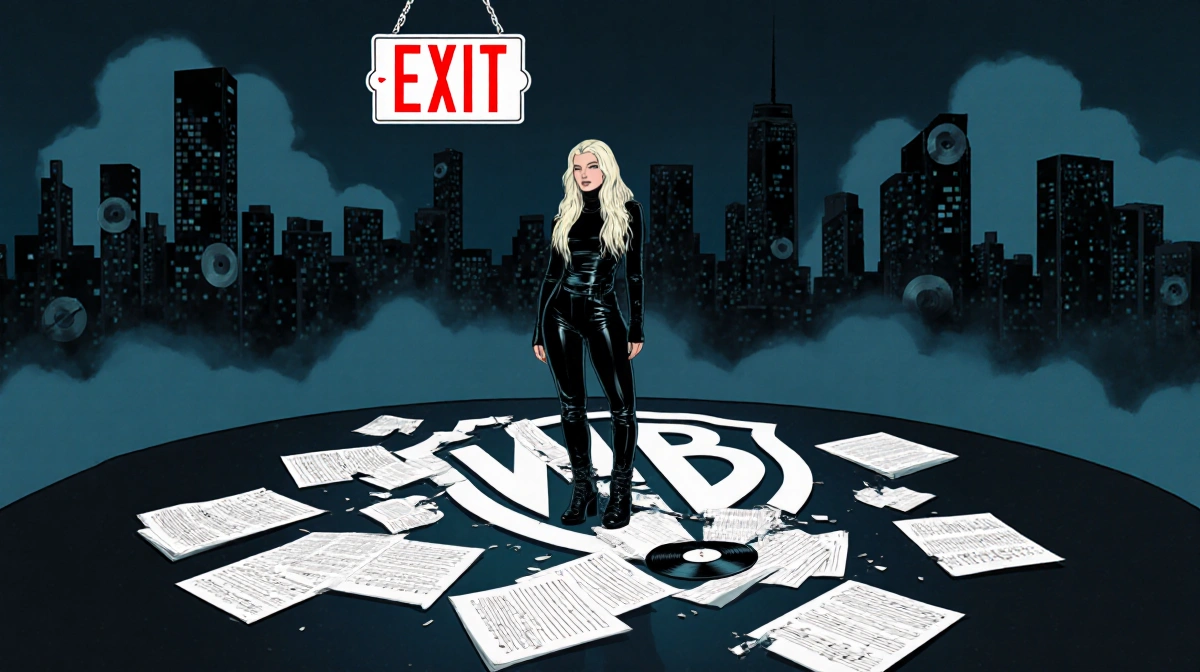 Bebe Rexha stands confidently on stage with broken Warner Records logo at her feet and Exit sign above
