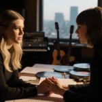 Bebe Rexha and Taylor Swift talking in recording studio with guitars and music sheets scattered around