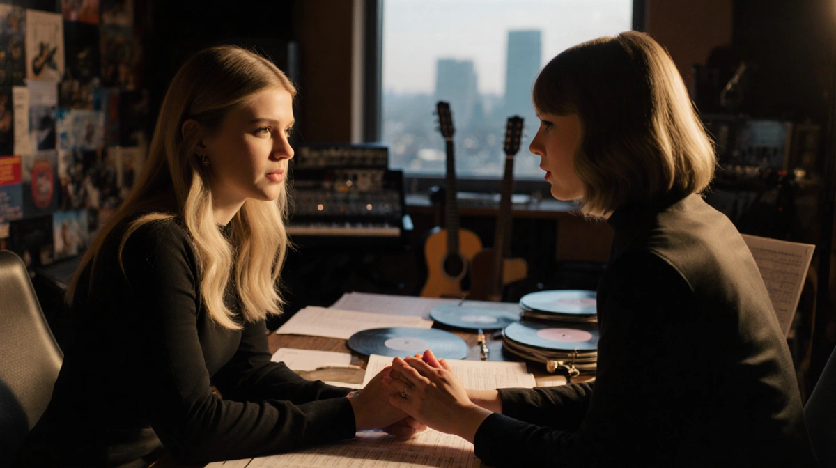 Bebe Rexha and Taylor Swift talking in recording studio with guitars and music sheets scattered around