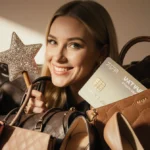 Becca Bloom smiling with designer shopping bags and gleaming credit card in Magic Wand prop