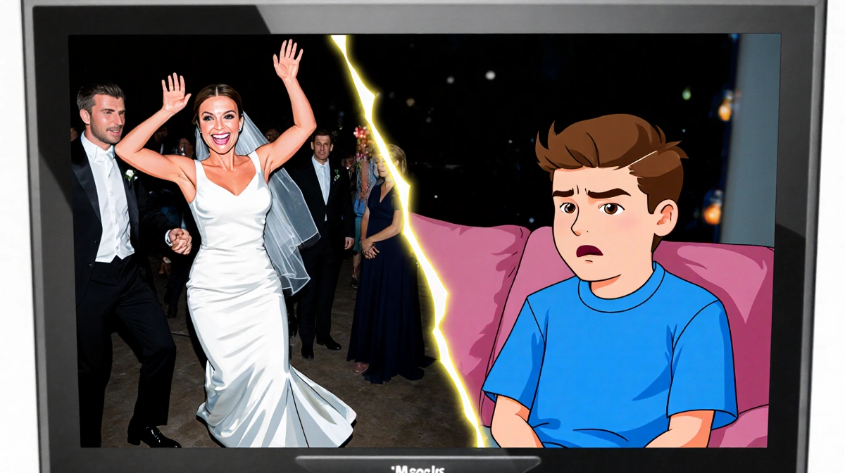 Victoria Beckham dancing with exaggerated moves and mischievous grin while Cruz watches with amused expression on split scree