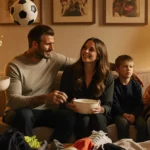 Victoria Beckham stirring batter with Brooklyn mixing bowl and family kids watching