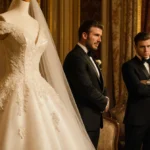 David Beckham stands with family feud as Victoria’s wedding dress hangs from a mannequin while Brooklyn glances cheekily.