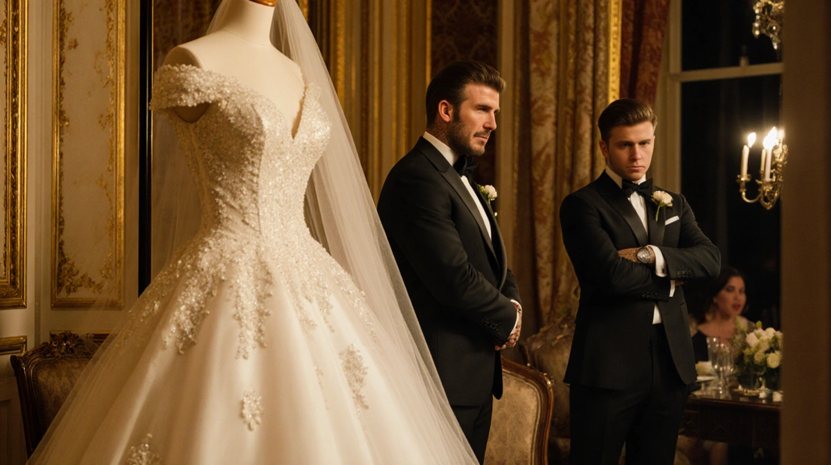 David Beckham stands with family feud as Victoria’s wedding dress hangs from a mannequin while Brooklyn glances cheekily.