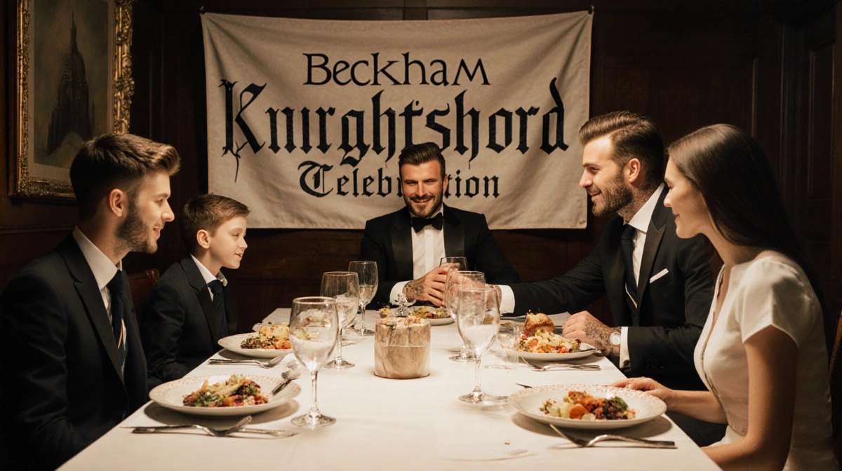David Beckham's family celebrating his knighthood around dinner table with banner and shared dishes