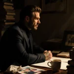 David Beckham sitting alone in a dimly lit study with a faded family photo on a shelf in background.